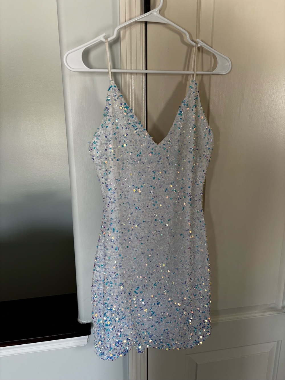 Windsor White Sequin Spaghetti Strap Mini Dress